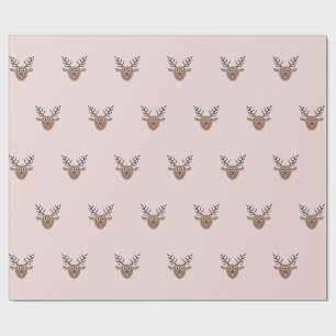 Happy Reindeer Pattern Blush Pink Christmas Wrapping Paper