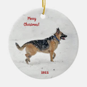 Happy Rescue German Shepherd Dog in Winter Snow  Ceramic Ornament