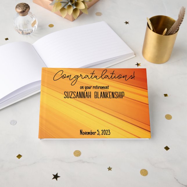 Happy Retirement Diagonal Gold Streaks Custom  Guest Book (Front Open)