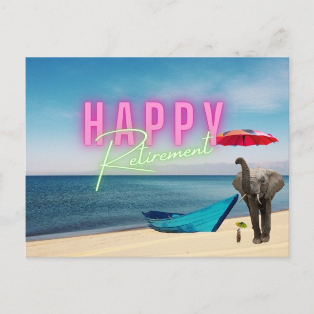 Happy Retirement Funny Surreal Beach Scene Postcard (Front)