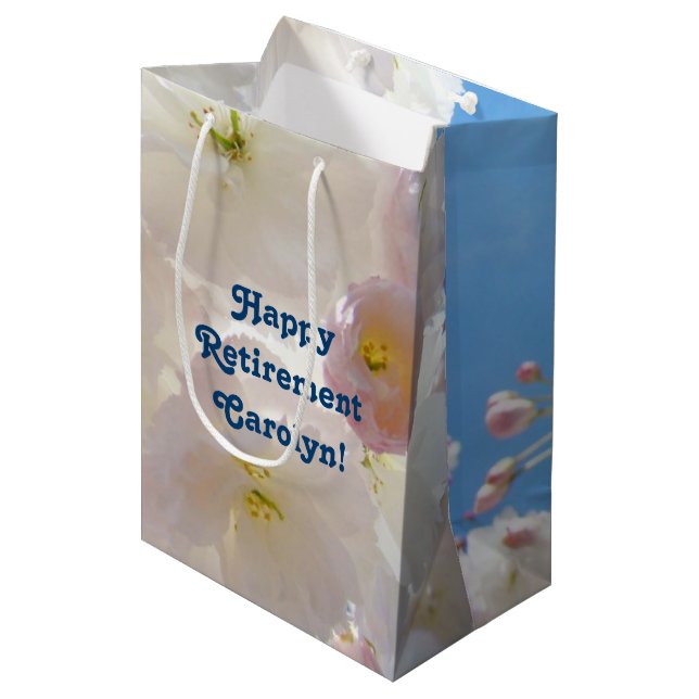 Happy Retirement gift Bags Add custom Name Blossom (Front Angled)