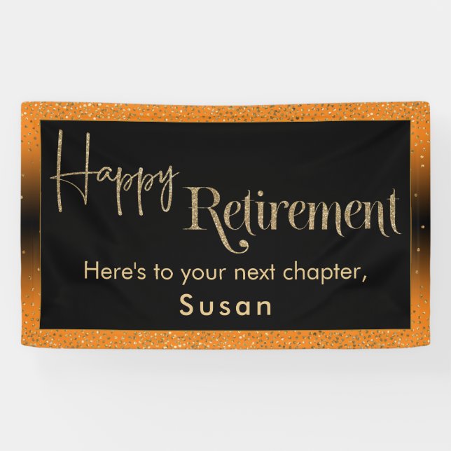 Happy Retirement Gold Confetti, Bright Orange Banner (Horizontal)