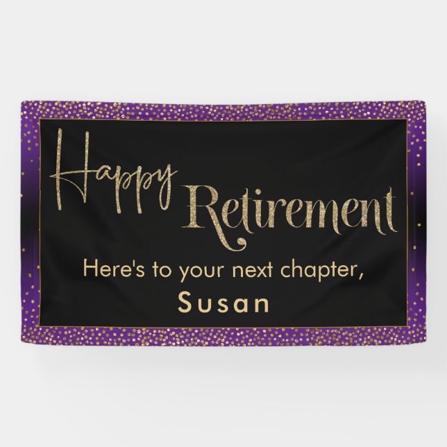 Happy Retirement Gold Confetti, Bright Purple Banner (Horizontal)