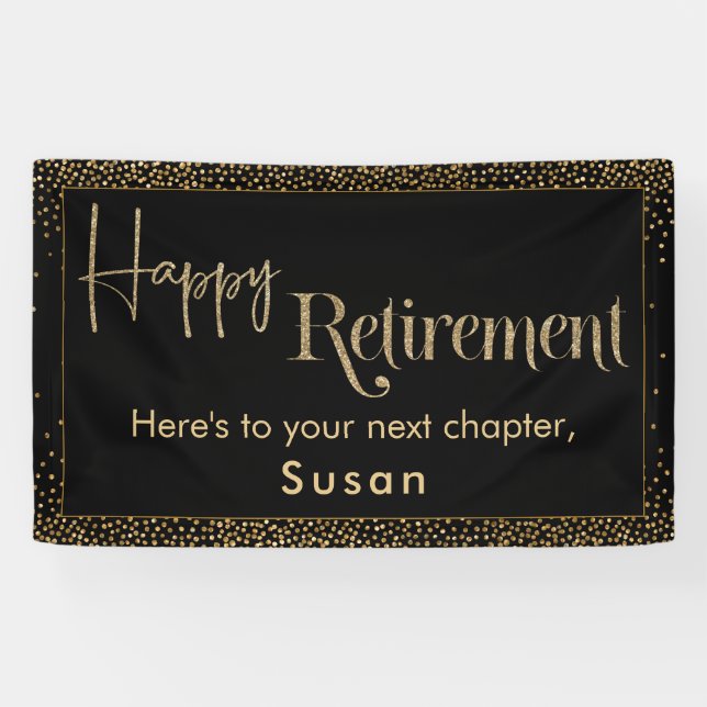 Happy Retirement Gold Glitter Confetti on Black Banner (Horizontal)
