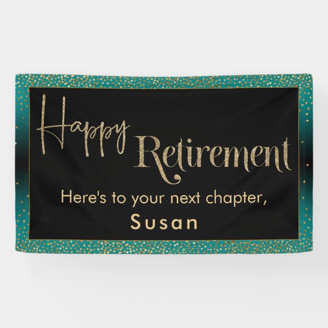 Happy Retirement Gold Glitter Confetti Teal Ombre Banner (Horizontal)