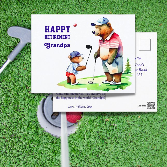 Happy retirement grandpa golf themed postcard (Happy retirement grandpa golf themed postcard cute teddy bear grandpa in golf clothes teaching cub)