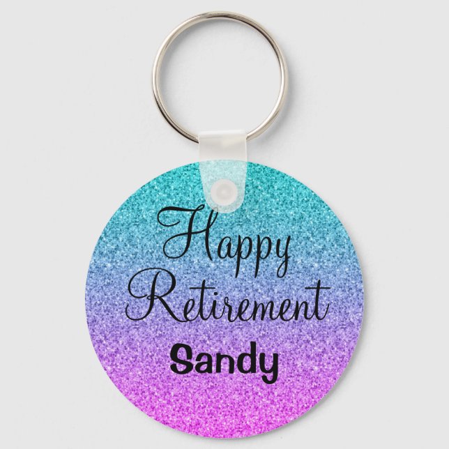 Happy Retirement Ombre Pink Blue Purple Glitter Keychain (Front)