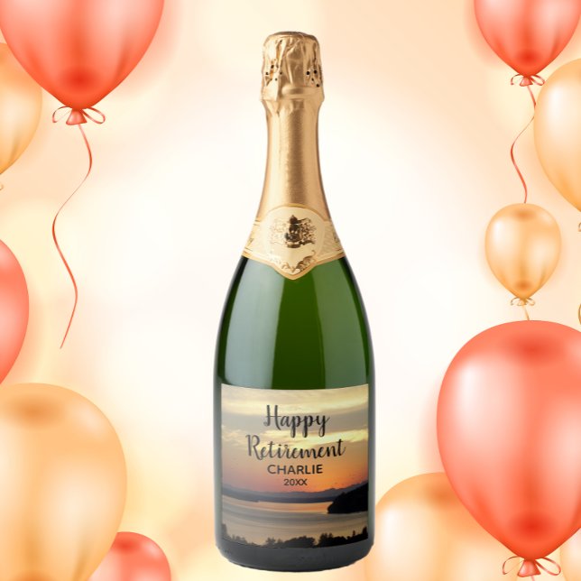 Happy Retirement Orange Sunset with Name Sparkling Wine Label (In Situ Party)