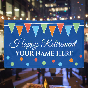 Happy retirement party banner with colourful flags