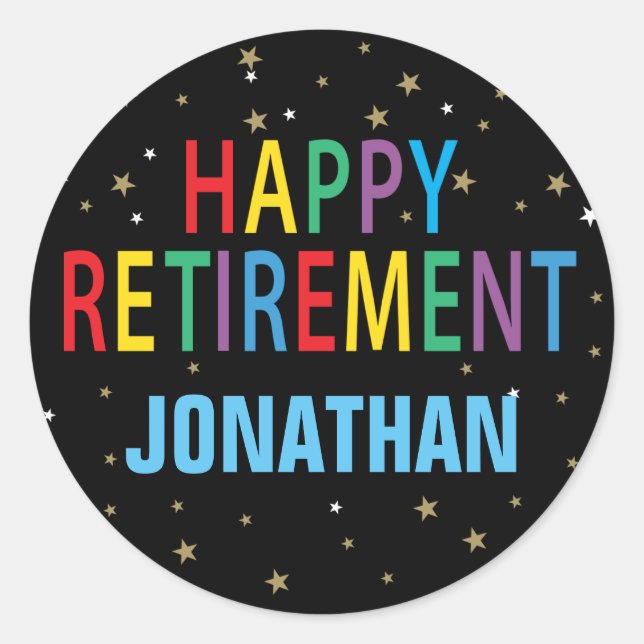 Happy Retirement Party colourful with name Classic Round Sticker (Front)