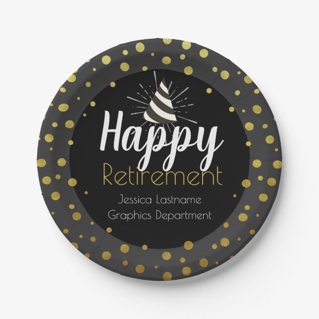 Happy Retirement Party Personalized Gold Confetti Paper Plate (Front)