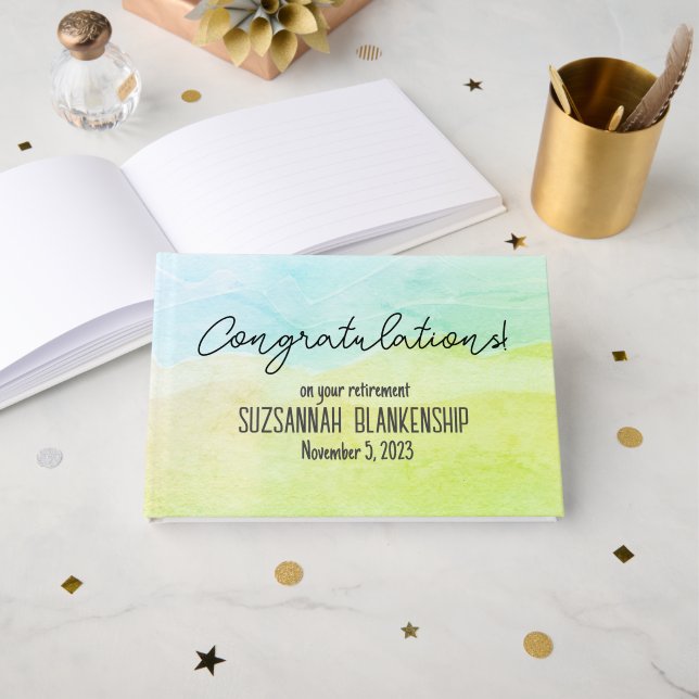 Happy Retirement Pastel Green Watercolor Custom Guest Book (Front Open)
