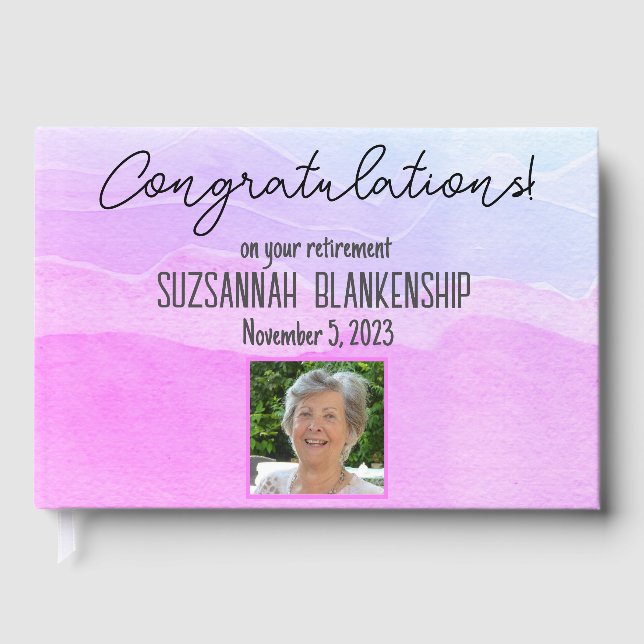 Happy Retirement Pastel Purple Watercolor Custom Guest Book (Front)