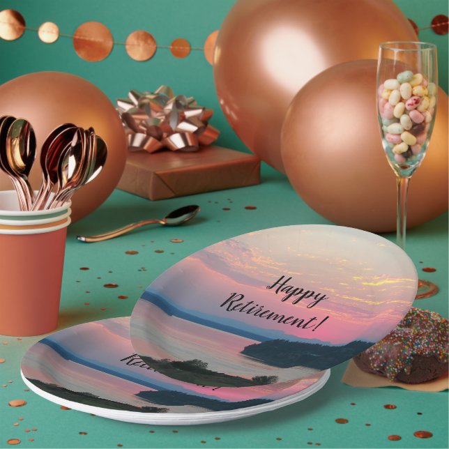Happy Retirement Pink Seascape Sunset Paper Plate (Multi)