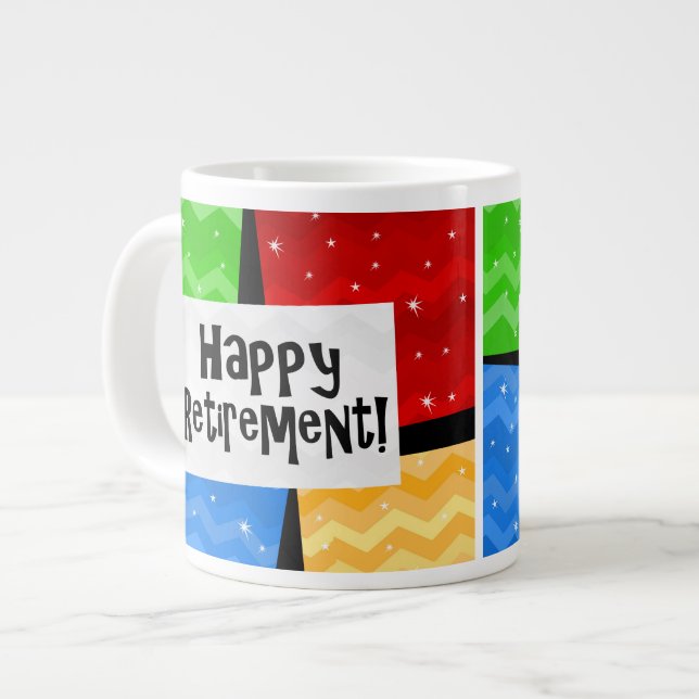 Happy Retirement, Primary Colour Squares Party Large Coffee Mug (Front Left)
