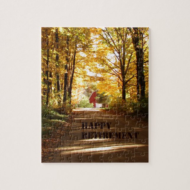 Happy Retirement Red Barn Autumn Road Jigsaw Puzzle (Vertical)