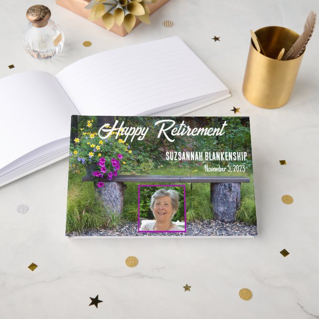 Happy Retirement Rustic Bench Flowers Custom Photo Guest Book (Front Open)