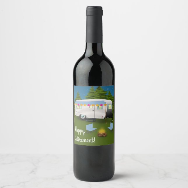 Happy Retirement! RV Camper in Woods Wine Label (Front)