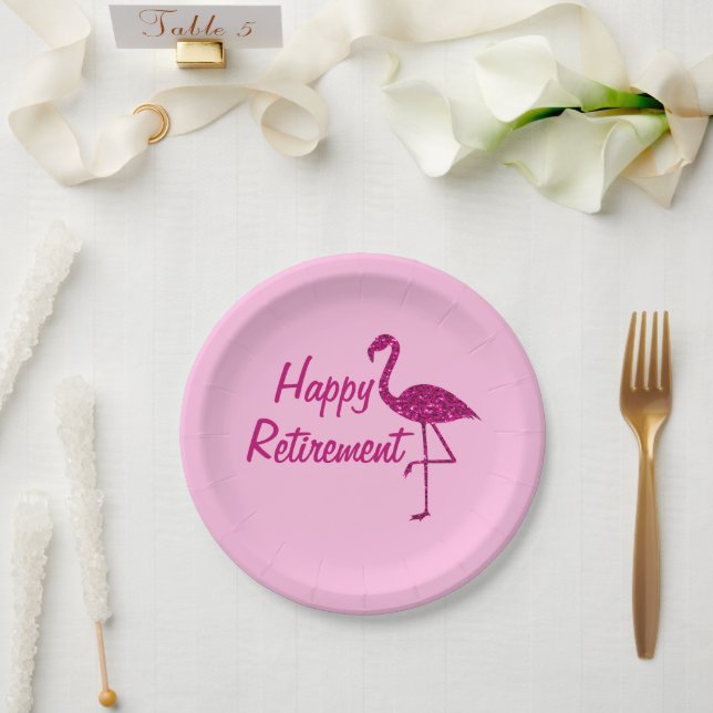 Happy retirement sparkly pink flamingo Custom text Paper Plate (Wedding)