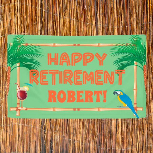 Happy Retirement Tiki Parrot Palm Tree Banner (Creator Uploaded)