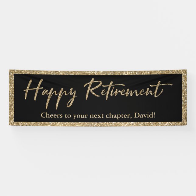 Happy Retirement Typography Gold Glitter and Black Banner (Horizontal)