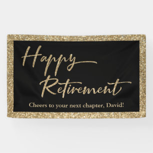 Happy Retirement Typography Gold Glitter and Black Banner