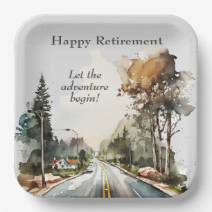 Happy Retirement Watercolor Road Paper Plate