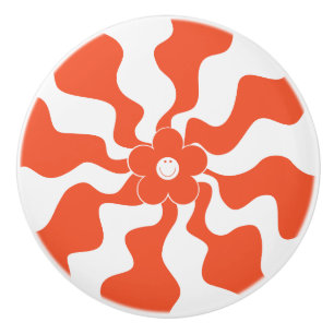 Happy Retro Daisy in Orange and White  Ceramic Knob