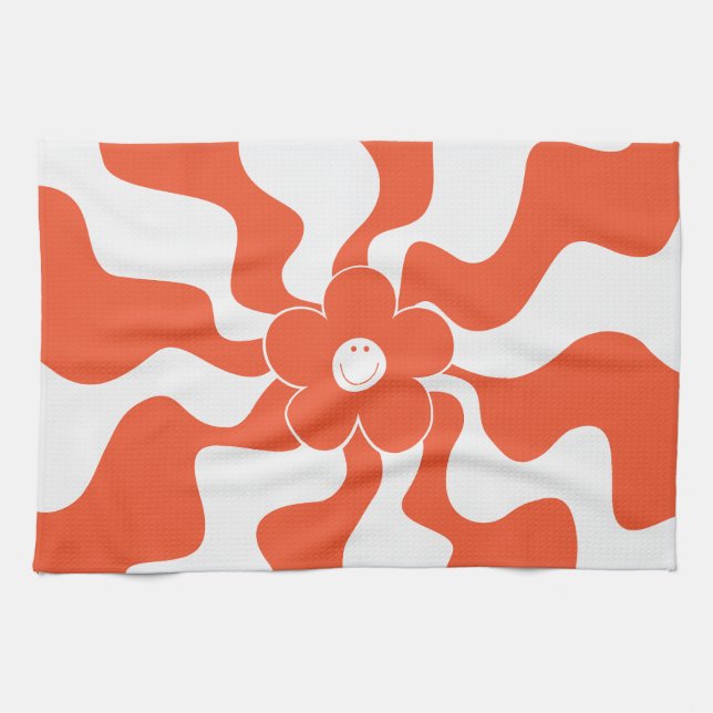 Happy Retro Daisy in Orange and White  Kitchen Towel (Horizontal)