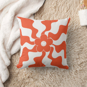 Happy Retro Daisy in Orange and White  Throw Pillow