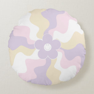 Happy Retro Daisy - Pastel Pink, Yellow and Purple Round Pillow