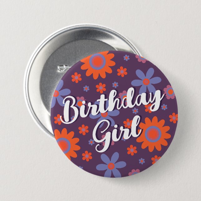   Happy Retro Flowers 70s Daisy Cute Birthday Girl 3 Inch Round Button (Front & Back)