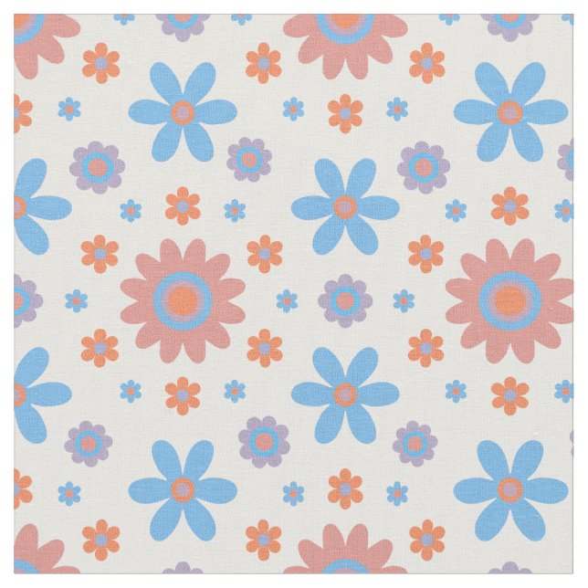 Happy Retro Flowers Cute 70s Pastel Daisy Pattern Fabric (Close Up)