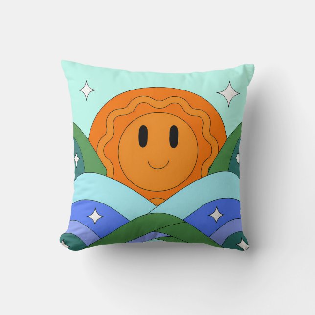 Happy Retro Sun Over Rolling Hills Throw Pillow (Front)