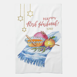Happy Rosh Hashanah in Watercolor Kitchen Towel