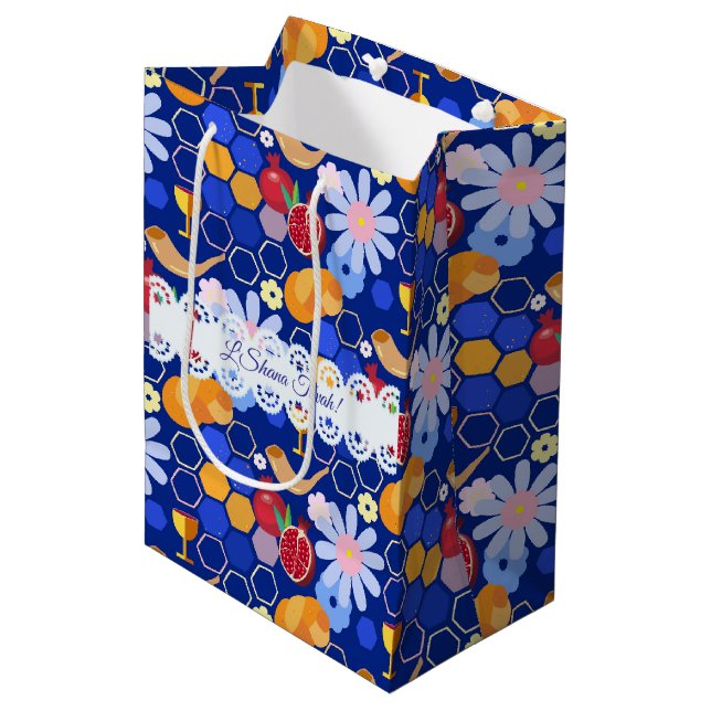 Happy Rosh Hashanah Jewish New Year Floral Pattern Medium Gift Bag (Front Angled)