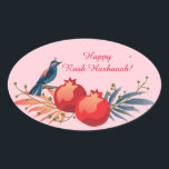 Happy Rosh Hashanah Jewish New Year Floral Pattern Oval Sticker<br><div class="desc">"Happy Rosh Hashanah" Lettering "L'Shana Tova" Jewish New Year Holiday Wishes "Shanah Tovah U’Metukah! May your year be sweet and good." symbols card. Torah, Honey and apple, shofar, pomegranate, star of David, Flowers, Rosh Hashana traditional fruits autumn season, Shanah Tovah festival Party decoration, sukkot event. Judaica Religion. Vintage. Happy Rosh...</div>