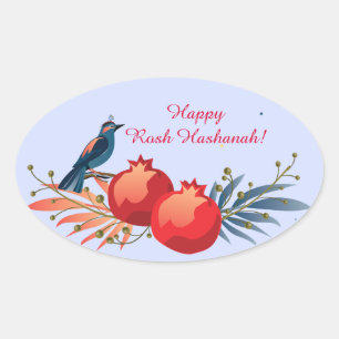 Happy Rosh Hashanah Jewish New Year Floral Pattern Oval Sticker