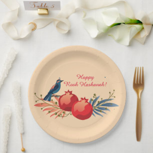 Happy Rosh Hashanah Jewish New Year Floral Pattern Paper Plate