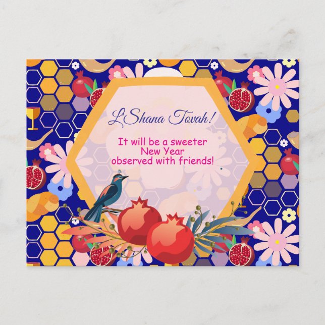 Happy Rosh Hashanah Jewish New Year Floral Pattern Postcard (Front)