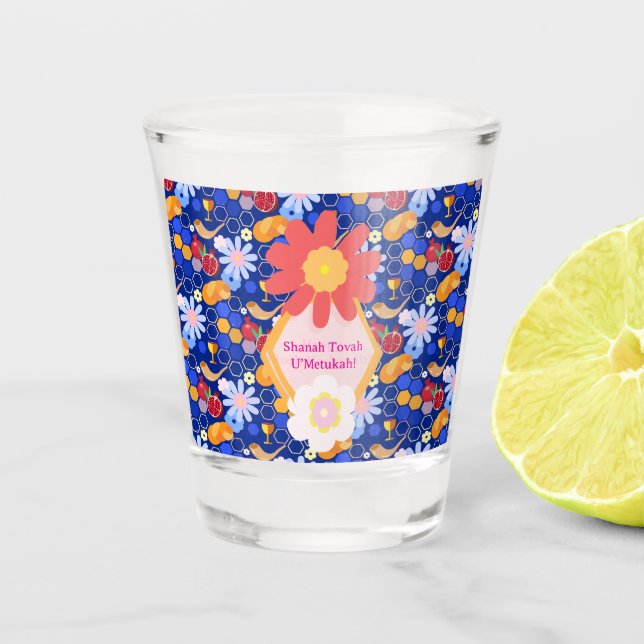 Happy Rosh Hashanah Jewish New Year Floral Pattern Shot Glass (Front)