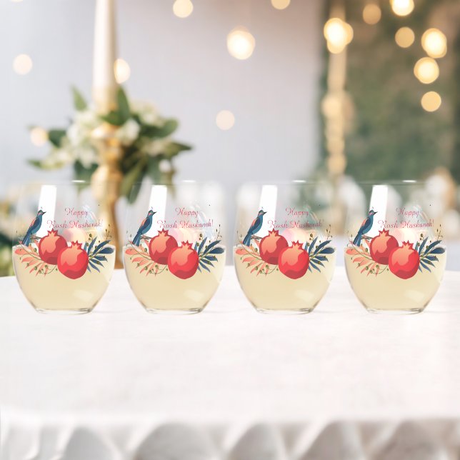 Happy Rosh Hashanah Jewish New Year Floral Pattern Stemless Wine Glass (Insitu (Wedding))