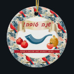 Happy Rosh Hashanah Jewish New Year Honey & Apple  Ceramic Ornament<br><div class="desc">Happy Rosh Hashanah. Hebrew Text "shana tova ve metuka" - for a good, sweet year. Jewish New Year Holiday symbols greeting, Greeting - card / Invitation. Torah, Honey and apple, shofar, pomegranate, star of David and flowers and red birds background, Happy Rosh Hashana, traditional fruits, pomegranates, autumn, Sukkot. Judaica. Personalized...</div>