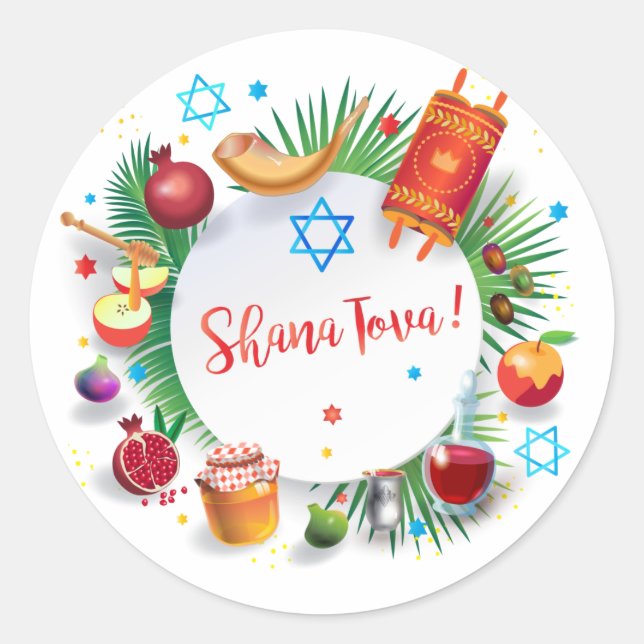 Happy Rosh Hashanah Jewish New Year Honey & Apple Classic Round Sticker (Front)