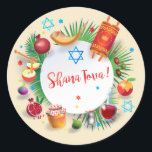 Happy Rosh Hashanah Jewish New Year Honey & Apple Classic Round Sticker<br><div class="desc">Happy Rosh Hashanah Jewish New Year Holiday symbols. Torah,  Honey and apple,  shofar,  pomegranate,  star of David,  gold honeycomb background,  Rosh hashana,  traditional fruits,  floral frame,  vintage,  autumn,  sukkot. Judaica. Hand Drawn Watercolor. Crafts & Party Supplies > Gift Wrapping Supplies > Stickers & Labels,  seasonal.</div>