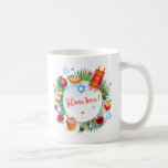 Happy Rosh Hashanah Jewish New Year Honey & Apple Coffee Mug<br><div class="desc">Happy Rosh Hashanah Jewish New Year Holiday Party symbols. Shana Tova! Hebrew Wishes text. Torah, Honey and apple, shofar, pomegranate, star of David, green palm tree leaves frame background, Rosh hashana, traditional fruits, floral frame, vintage, autumn, sukkot. Judaica. Hand Drawn Watercolor. Home > Kitchen & Dining > Drinkware > Mugs...</div>