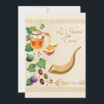Happy Rosh Hashanah Jewish New Year Honey & Apple  Invitation<br><div class="desc">Happy Rosh Hashanah. Hebrew Text "shana tova ve metuka" - for a good, sweet year. Jewish New Year Holiday symbols greeting, Greeting - card / Invitation. Torah, Honey and apple, shofar, pomegranate, star of David and flowers background, Happy Rosh Hashana, traditional fruits, autumn, Sukkot. Judaica. L'Shanah Tovah! Hand Drawn Watercolor....</div>