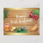 Happy Rosh Hashanah Jewish New Year Honey & Apple Postcard<br><div class="desc">Happy Rosh Hashanah Jewish New Year Holiday Honey and Apple Greeting card. Torah,  Honey and apple,  shofar,  pomegranate,  star of David,  Rosh hashana traditional fruits on wood background,  autumn,  sukkot. Judaica. Hand Drawn. Include - Custom Text Template. Invitations & Stationery > Greeting Cards seasonal,  Shana Tova!</div>