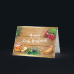 Happy Rosh Hashanah Jewish New Year Honey & Apple Thank You Card<br><div class="desc">Happy Rosh Hashanah Jewish New Year Holiday Honey and Apple symbols card. Torah,  Honey and apple,  shofar,  pomegranate,  star of David,  Rosh hashana traditional fruits on wood background,  autumn,  sukkot. Judaica. Hand Drawn. Include - Custom Text Template. Invitations & Stationery > Greeting Cards - Thank You! seasonal,  Shana Tova!</div>