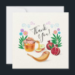 Happy Rosh Hashanah Jewish New Year Honey & Apple Thank You Card<br><div class="desc">Happy Rosh Hashanah Jewish New Year Holiday symbols greeting,  Thank You - card. Torah,  Honey and apple,  shofar,  pomegranate,  star of David on wood background,  Rosh hashana,  traditional fruits,  autumn,  sukkot. Judaica. Hand Drawn Watercolor. Invitations & Stationery > Greeting Cards,  Thank You,  seasonal. Include - Custom Text Template</div>